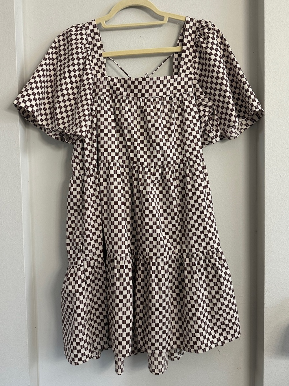 Abercrombie & Fitch Checkerboard Puff-Sleeve Mini Dress in Cream and Brown S